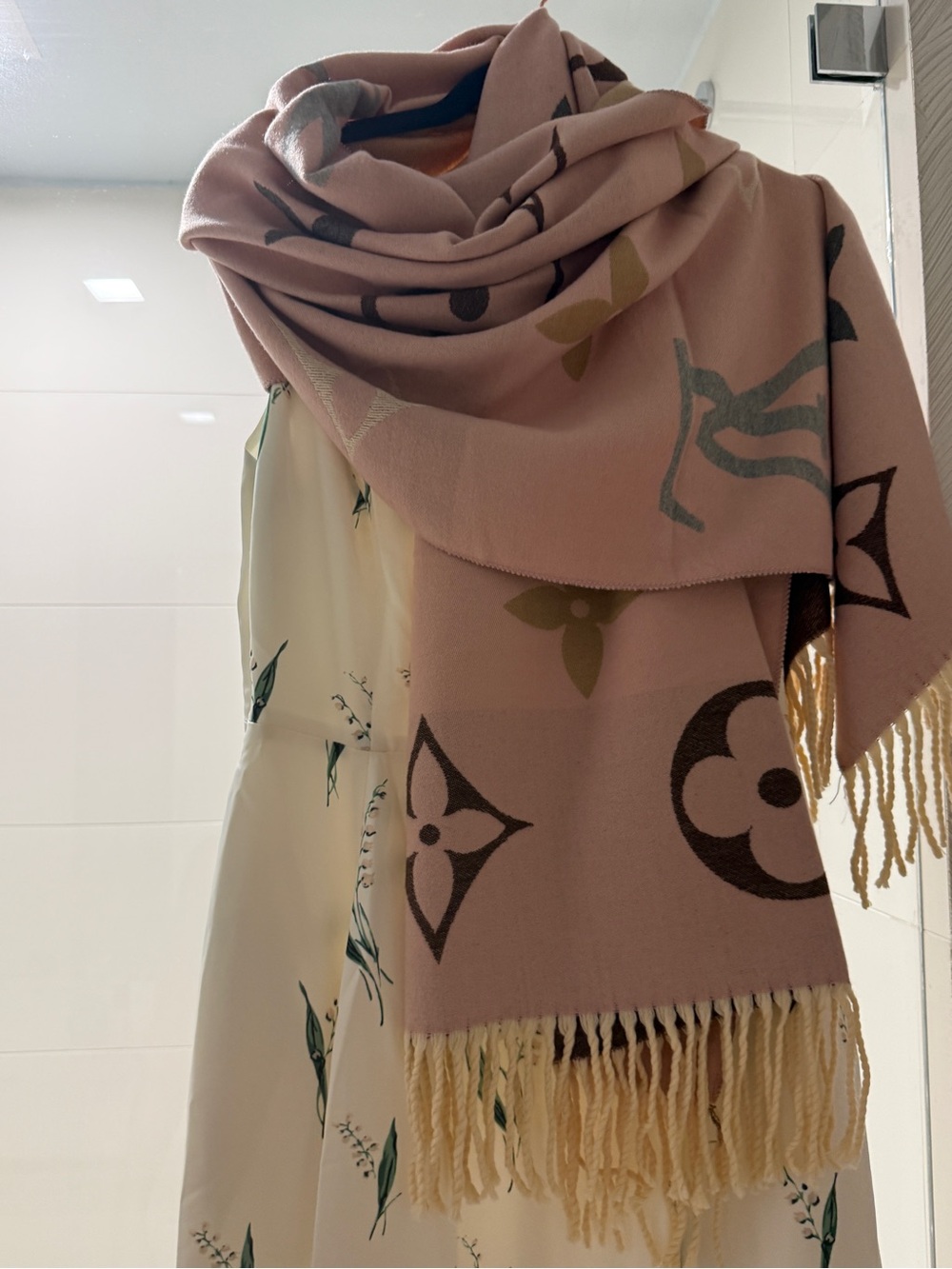 Pink Monogram Logo Fringe Scarf Shawl - Picture 7 of 8